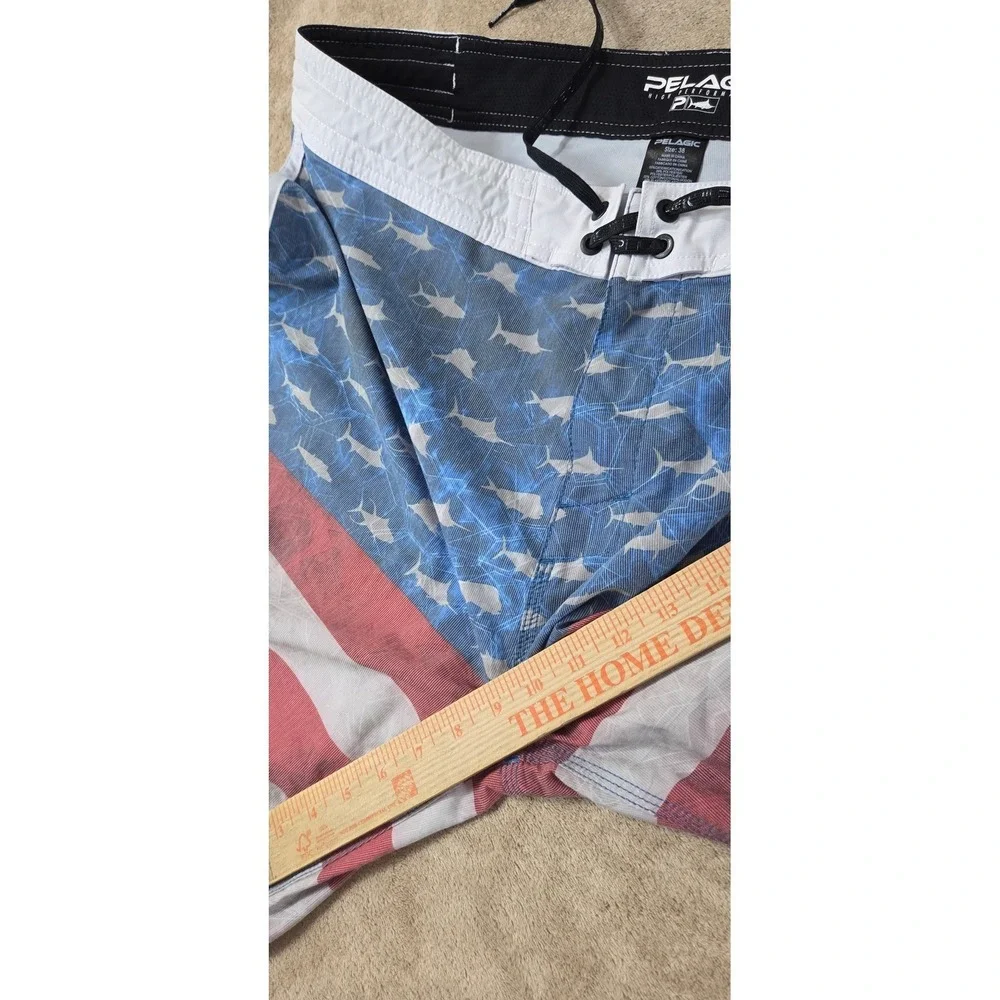 Pelagic High Performance Sharkskin Offshore Board Short 38 USA Flag Fish AOP EUC